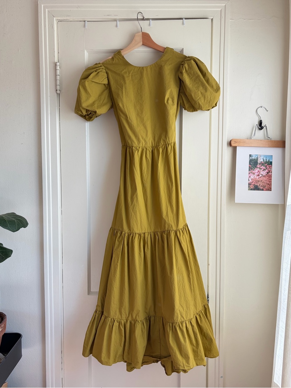 Women’s Puff Sleeve Maxi Dress cross open back in chartreuse green